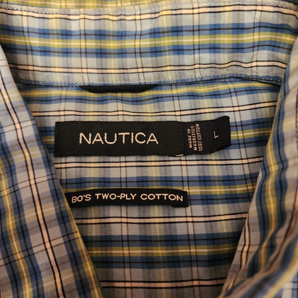 Nautica Y2K Blue Plaid Short Sleeve Casual Button Down Shirt Size Large - Picture 7 of 8